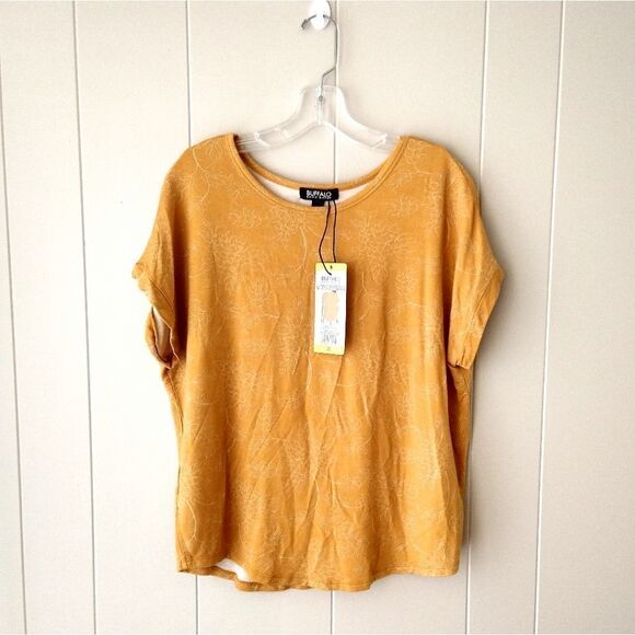 Buffalo Women's Size Small Short Sleeve Crewneck Top Mustard Yellow Tee Floral - Picture 6 of 9